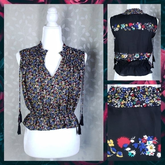 Derek Lam 100% Silk Dark Floral Tassel Sleeveless Blouse 10 Crosby Black Red 4 - Picture 15 of 15